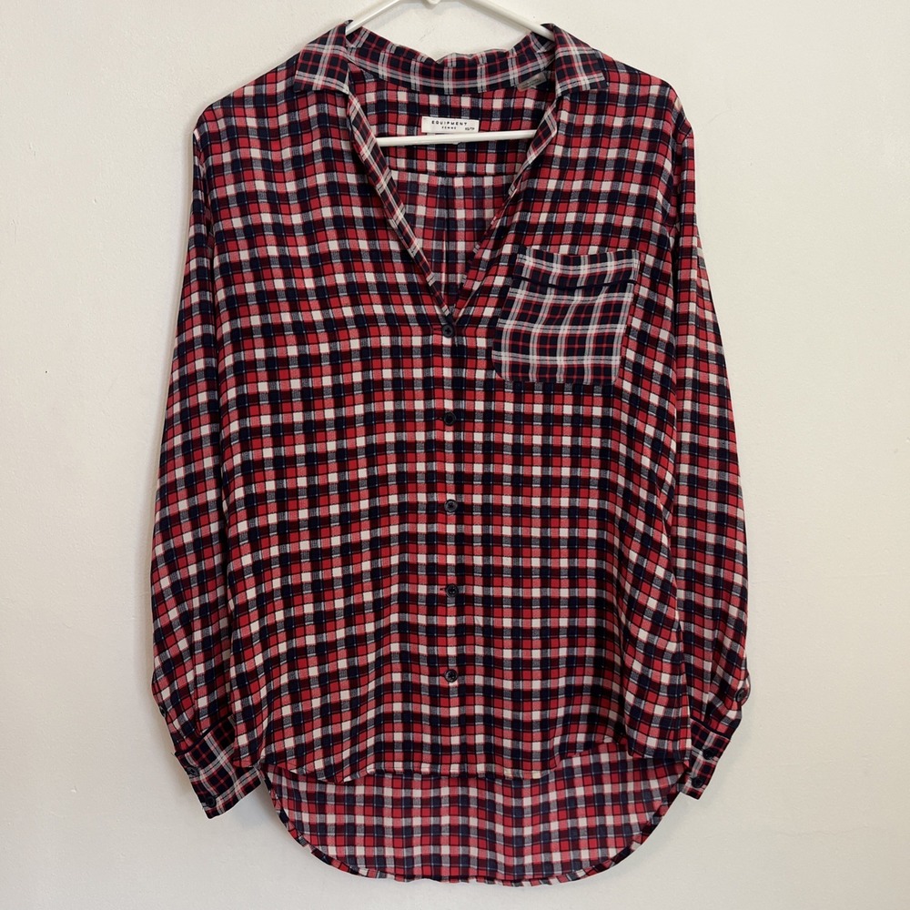 Equipment Femme XS Button Up Top 100% Silk Blouse Red‎ Navy Blue Check Plaid